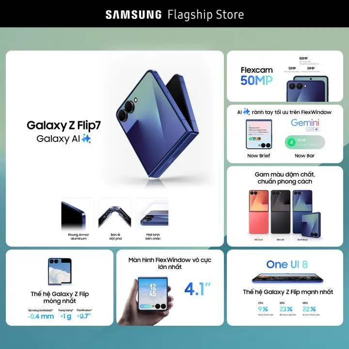 Điện thoại Samsung Galaxy Z Flip7, Điện thoại AI, Màn hình ngoài vô cực 4.1", Camera selfie 50MP, Mỏng nhất
